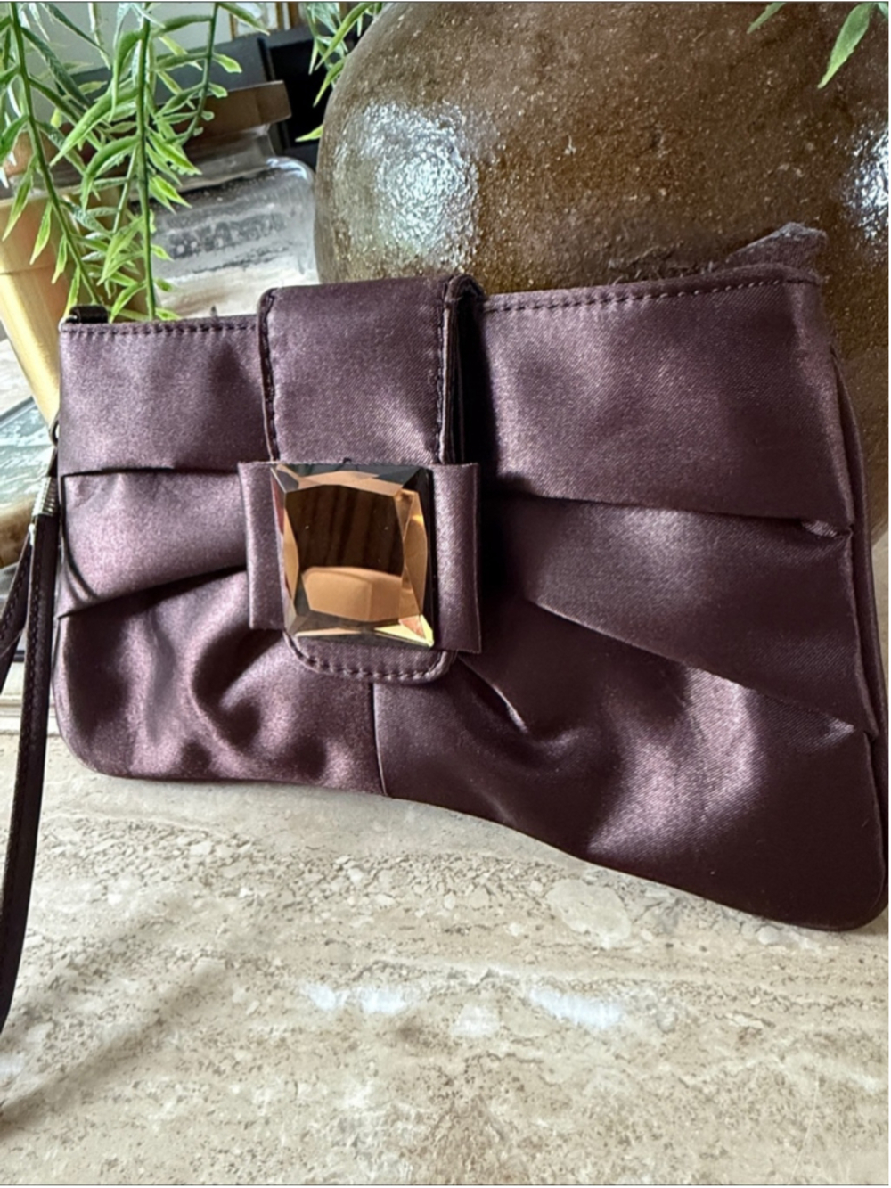 Nine West Satin Chocolate Brown Clutch Wristlet Destinctive Faceted Gem Accent